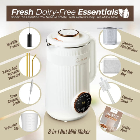 8-In-1 Nut Milk Maker With 32 Oz Capacity For Almond Milk Oat Milk Soy Milk Coconut Dairy Free Milks Plant Based Milk Delay Start Self Cleaning 50 Recipe Cookbook And Milk Frother shown with accessories including mini milk frother, steel strainer, and recipe book.