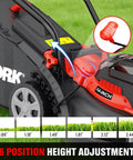 Cordless 40V Lawn Mower With Dual 4.0Ah Batteries, 14 Inch Push Mower, showing 6 height adjustments on grass