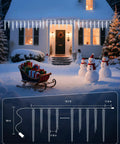 Outdoor Icicle Lights With Clips 20 Ft 100 LED Twinkling White Christmas String Lights hung on house eaves in snowy scene