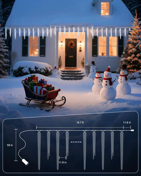 Outdoor Icicle Lights With Clips 20 Ft 100 LED Twinkling White Christmas String Lights hung on house eaves in snowy scene