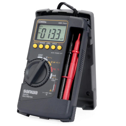 CD800a Digital Multimeter All-In-One DMM with 3-3/4 digits, 4000 count, integrated case and captive test leads displayed upright.