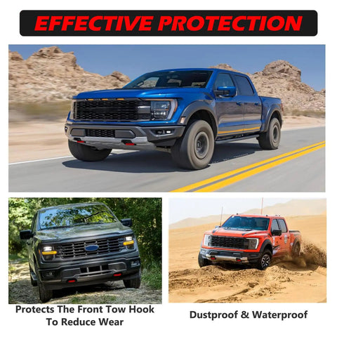 Ford Front Tow Hooks Cover For F150 2004-2024 And Bronco 2021-2025, Tough Hitch Cover display on trucks in various terrains