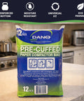 PreCuffed Paper Trash Compactor Bags 12 Pack For 11 Gallon Carts displayed on kitchen counter with eco-friendly label