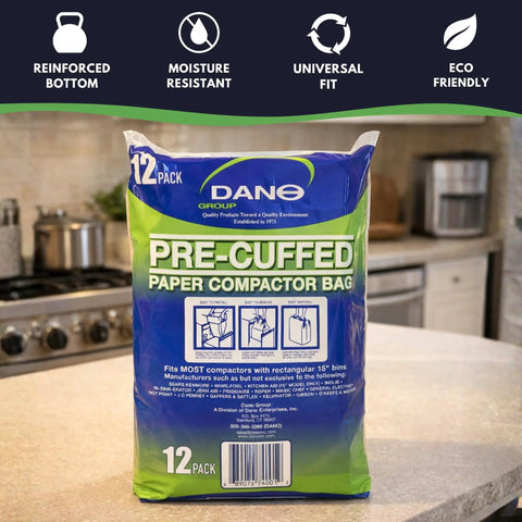 PreCuffed Paper Trash Compactor Bags 12 Pack For 11 Gallon Carts displayed on kitchen counter with eco-friendly label