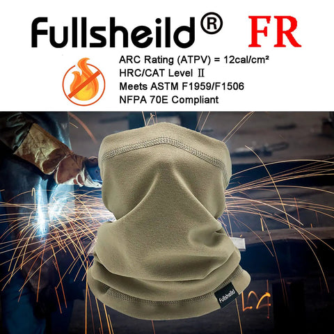 Flame Resistant 12CAL Full Coverage Neck Gaiter Snood Face Mask For Tactical Motorcycling Welding Hunting Army Military Use Black One Size FR Cotton Fabric shown with welding sparks