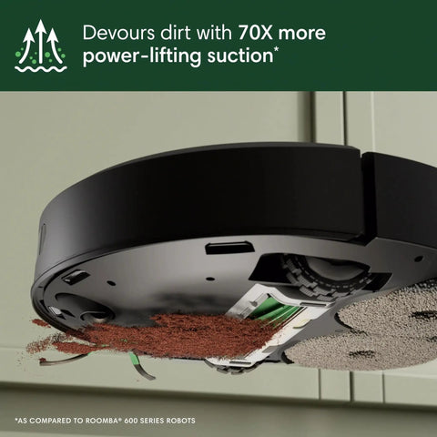 Underside view of Roomba Plus 405 Combo Robot Vacuum And Mop with Auto Wash Dock shows dirt devoured with spinning mop pads.