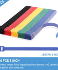 Huge 100 Pack 8 Inch Reusable Cable Ties With Hook And Loop Straps in five colors shown stacked and separated for display.
