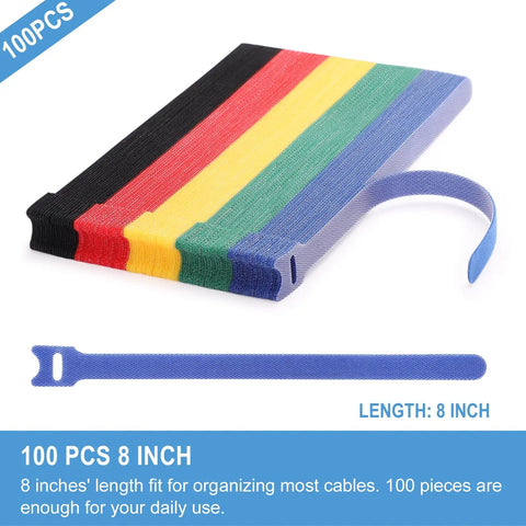 Huge 100 Pack 8 Inch Reusable Cable Ties With Hook And Loop Straps in five colors shown stacked and separated for display.