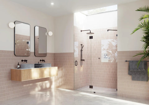 Frameless Shower Door Hinge With Enduroshield Glass Coating 78 Inch Tall By 57.75 Inch Wide Polished Brass Finish Easy Clean Shield For A Modern Low Maintenance Shower Enclosure, clear glass shower door in bathroom