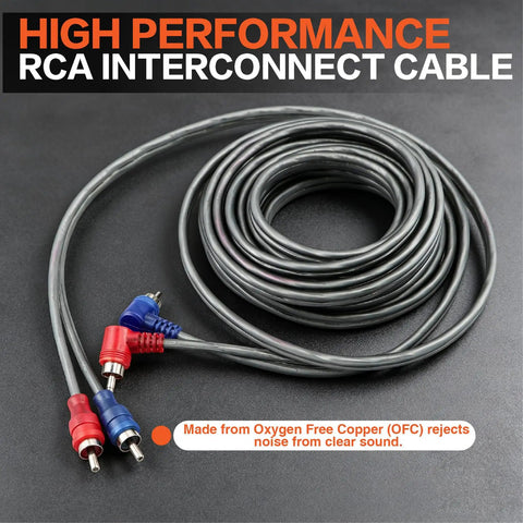 Complete 4 Gauge Car Subwoofer Amplifier Wiring Harness Kit Including Heavy Duty Power Ground And Speaker Cables With Remote Bass Control Knob For Pumping Up Your Ride Sound System RCA interconnect cable with red and blue connectors.