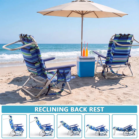 Rock Solid Backpack Beach Chair For Adults folding heavy duty camping chair on beach with blue and green stripes, adjustable backrest