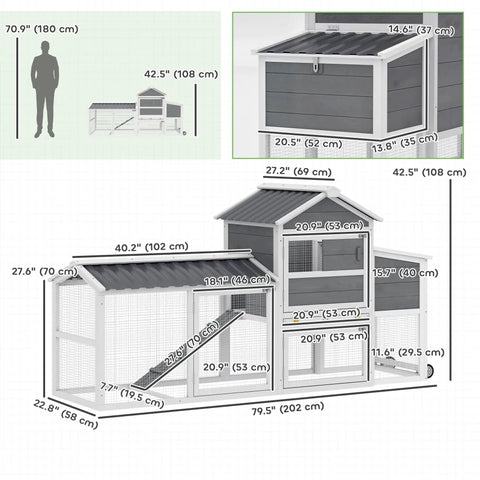 Portable Chicken Coop On Wheels With Run 80 Inch Long Wooden Hen House With Nesting Box Removable Tray And Ramp For Two To Three Hens Outdoor Poultry Cage In Gray Easy To Move with detailed measurements.
