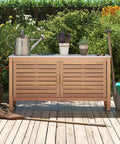 Outdoor Patio Storage Cabinet With Faux Marble Top Two Door Acacia Wood Console Sideboard on deck