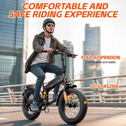 Kickin Folding Electric Bike For Adults With 1200W Peak Motor 48V 15Ah, rider enjoying cityscape ride on 20-inch fat tires