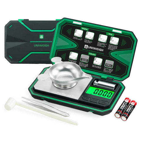 Ultra Precise Milligram Scale 0.001g With 50g Capacity digital scale with accessories including tray, tweezers, and batteries
