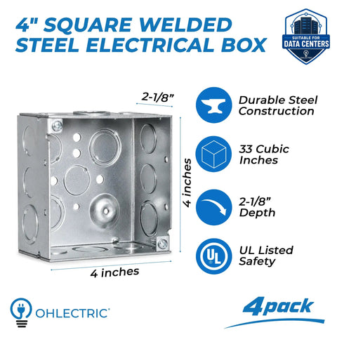Four Pack 4 Inch Square Electrical Box With 1/2 And 3/4 Inch Knockouts, 2 1/8 Inch Deep Galvanized Steel Junction Box, UL Listed For Lighting Fixtures, Switches, And Receptacles. 4-inch square steel electrical box shown front view.