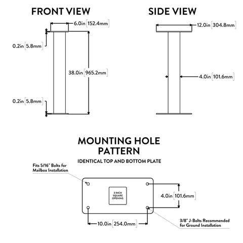 Technical diagram showing front and side views with measurements of the Black 38 Inch Surface Mount Mailbox Post Built To Last Made From Heavy Duty Steel Galvanized Finish 1 Mailbox Post For Standard Mailbox Hardware Durable Outdoor Post With Easy Install And Secure Ground Mount. Mounting hole pattern is included.