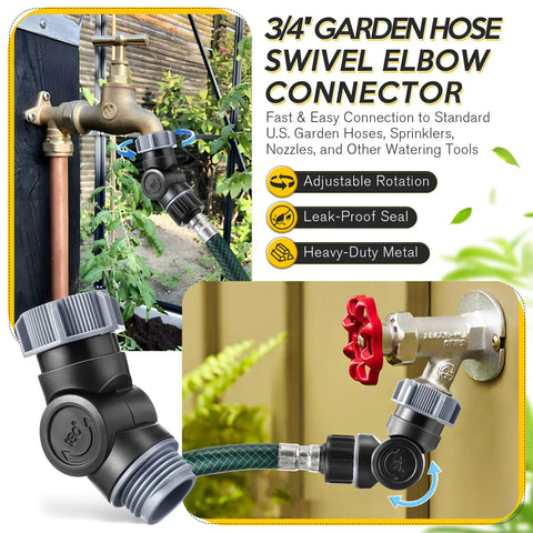 Swivel Garden Hose Connector With 180 And 360 Degree Rotations, Three Quarter Inch Fit, No Fuss Easy Flex Outdoor Faucet Extender For Tight Spaces Around Walls And Corners, Beds And RV Hookups, Stops Kinks And Tangling, 3/4" metal elbow