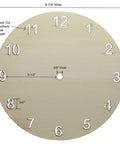 9-inch round unfinished wood clock face with laser-cut white numerals 1–12 and a 3/8-inch center hole.