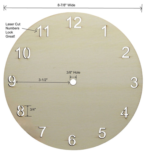 9-inch round unfinished wood clock face with laser-cut white numerals 1–12 and a 3/8-inch center hole.