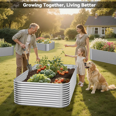 Family gardening with 2 Pack Tall 8x4ft Corrugated Galvanized Steel Raised Garden Beds For Veggies, Herbs, And Flowers, Above Ground