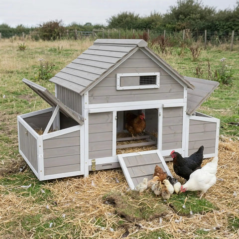 Cozy Predator Proof Chicken Coop For 2 To 4 Chickens With 2 Nesting Boxes Easy Clean Removable Tray Wooden Hen House in backyard