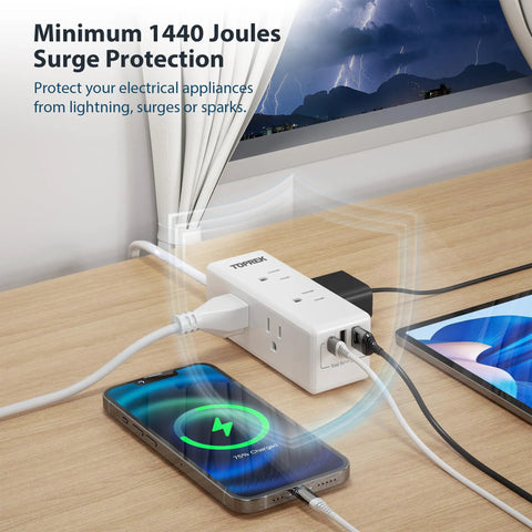 Dope Surge Protector Power Strip With 5 Outlets And 4 USB Ports Including USB C Quick Charge 3A, charging devices on a desk.