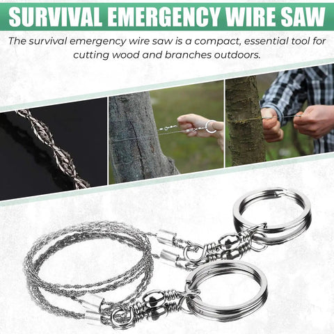 Wire saw from All In One 67 Piece 14 In 1 Outdoor Survival Gear Kit cutting tree branch, showcasing versatility for camping.