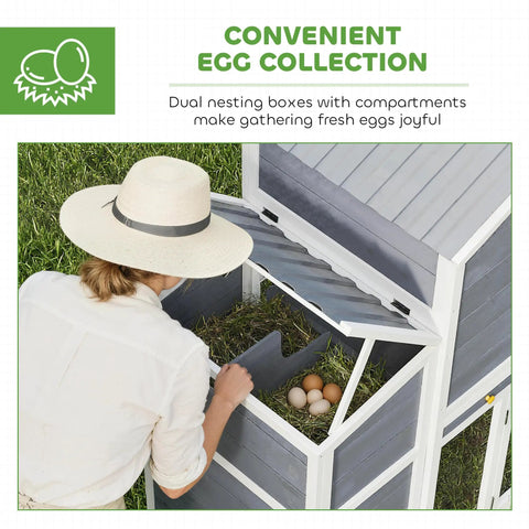 Person accessing eggs in 66.5 Inch Large Wooden Chicken Coop With 2 Nesting Boxes, Ramp, Sliding Tray And Waterproof Roof, Outdoor Hen House For Backyard Farms, Ideal For 2 To 4 Hens