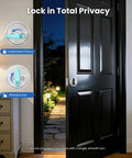 Beefy Heavy Duty Single Cylinder Deadbolt Lock With Inside Thumb Turn, Easy Install Security Door Lock For Front Entry And Garage, Keyed On One Side, Brushed Nickel Finish, installed on a black door.