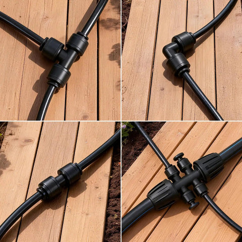 45 Pack Quick Connect Drip Irrigation Fittings Kit For 1/4 Inch Tubing With Push To Fit Connectors Installed on Wood Deck
