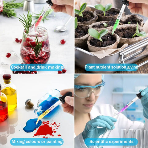 Four uses of 8 Pack Glass Pipette Droppers With Bent And Straight Tips, cocktail making, plant care, art mixing, science lab work