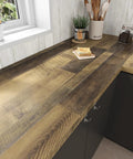 Kitchen with Peel And Stick Butcher Block Countertop Wallpaper Waterproof Wood Grain Vinyl Roll installed on countertops and walls