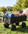 Heavy Duty Metal Garden Cart With 880 LB Load Capacity, camping gear loaded, 10 inch pneumatic tires, handle angled