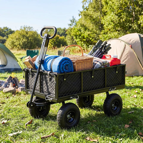 Heavy Duty Metal Garden Cart With 880 LB Load Capacity, camping gear loaded, 10 inch pneumatic tires, handle angled