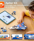 Child building fighter jet with 12-In-1 STEM Building Blocks Kit Ages 4 To 8 139 Pieces, app and paper guides visible.