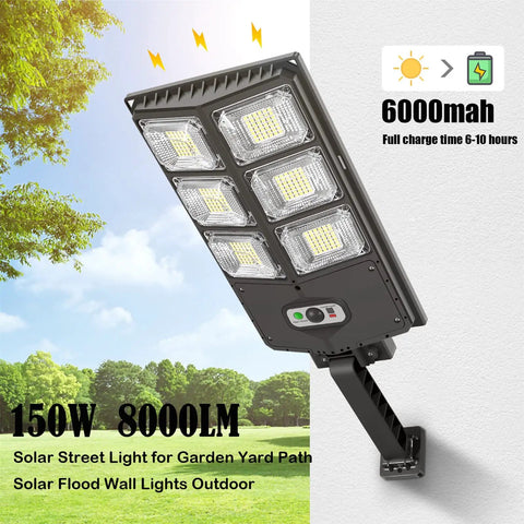 Beast Mode 150W Solar Flood Light Outdoor With Motion Sensor and Remote, showing 6000mAh capacity and 150W power.