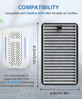 Replacement HEPA Carbon Filter For DSTx Mini Personal Portable Air Purifier 4 Pack shown with dimensions and compatibility info