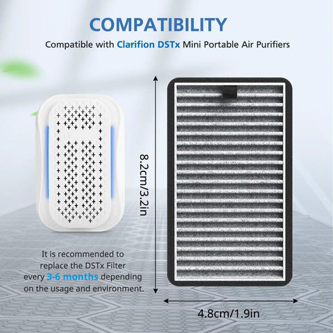 Replacement HEPA Carbon Filter For DSTx Mini Personal Portable Air Purifier 4 Pack shown with dimensions and compatibility info