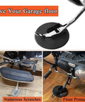 Jiffy Stand Coaster Kickstand Pad for Harley motorcycles preventing sinking on soft surfaces, protecting garage floors from scratches.