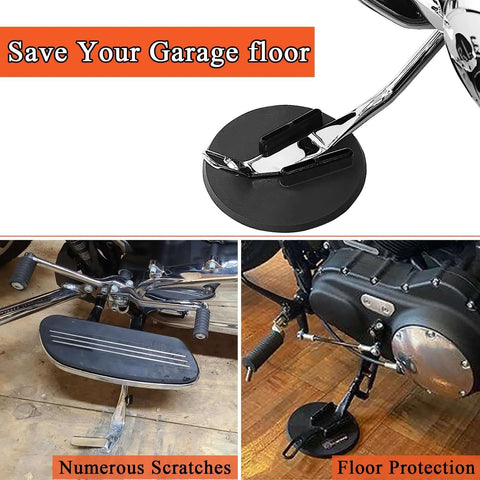 Jiffy Stand Coaster Kickstand Pad for Harley motorcycles preventing sinking on soft surfaces, protecting garage floors from scratches.