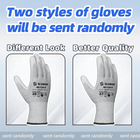 Two styles of cut resistant gloves on display with ANSI A6 A7 labeling, showcasing different looks and quality features.