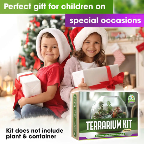 Children holding gifts with All In One Terrarium Kit With Premium Soil Mix Pumice Zeolite Moss Sphagnum Moss Decorative Stones Mesh Tools
