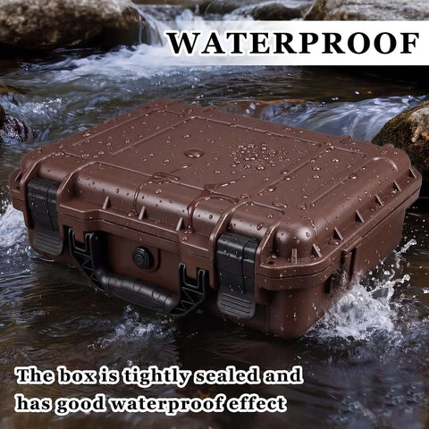 Kickass Heavy Duty Waterproof Hard Case With Custom Foam Insert And Foam Cutting Knife For Bulletproof Tool Storage And Hassle Free Travel Organization In Classic Brown Stripe Shell on a water surface showcasing its waterproof design.