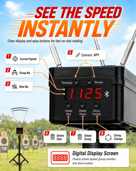 Projectile Speed Chronograph With Bluetooth App And Infrared Optical Sensors 0 to 9999 Feet Per Second Velocity Meter on adjustable stand