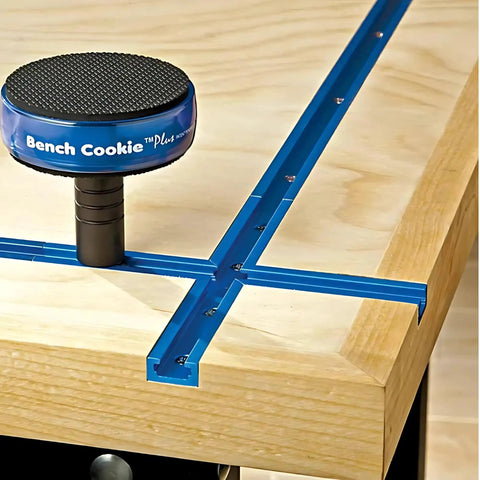 4 Pack 2 Inch T Track Risers for Bench Cookie Plus or Connect Aluminum Adjustable T Track Risers on wooden workbench.