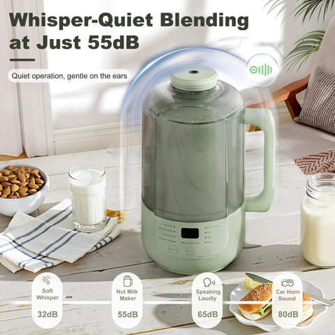 Next Level 40oz Nut Milk Maker Blender Two Pack on kitchen table, showcasing its quiet blending at 55dB.