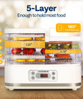 Electric Food Dehydrator With Five Spacious Trays And 400 Watts Of Steady Heat To Keep Snacks Crunchy And Fresh Without Any Fuss, stacked with colorful fruits and vegetables.