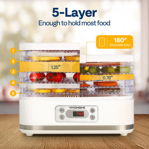 Electric Food Dehydrator With Five Spacious Trays And 400 Watts Of Steady Heat To Keep Snacks Crunchy And Fresh Without Any Fuss, stacked with colorful fruits and vegetables.