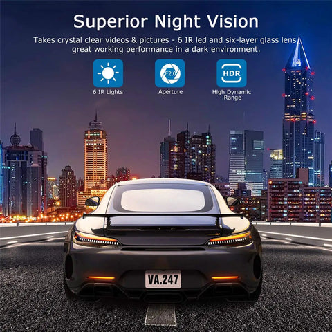 Dual Front And Rear Dash Cam For Cars With 1080P HD Recording displaying superior night vision in urban setting